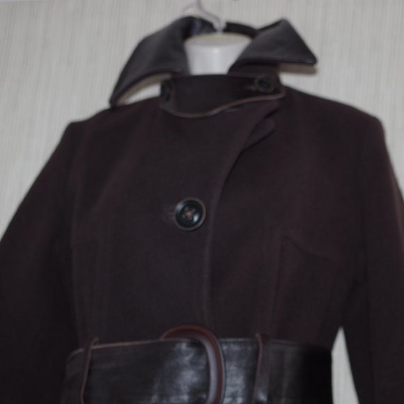 Arte Pelle Collection VTG Brown Wool Leather Trim Belted Pea Coat Women Size:P/S - Picture 6 of 12